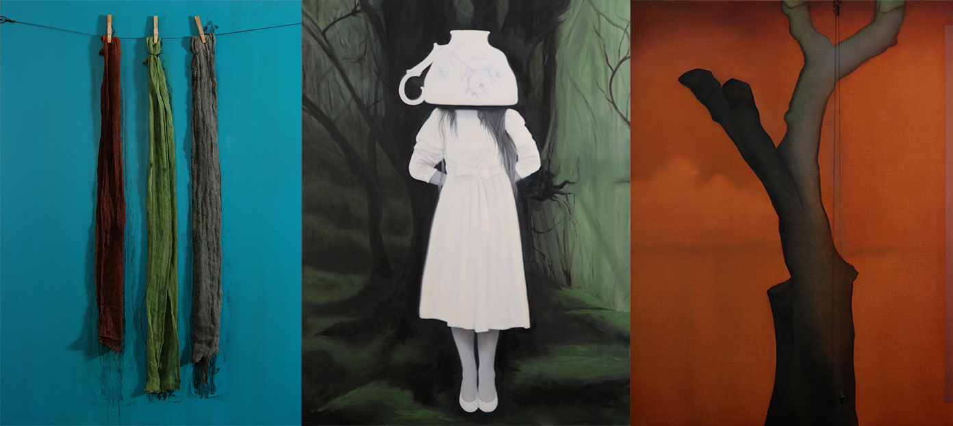 untitled (Expression, triptych 4), 2019, oil on canvas with objects, 48" X 108"
