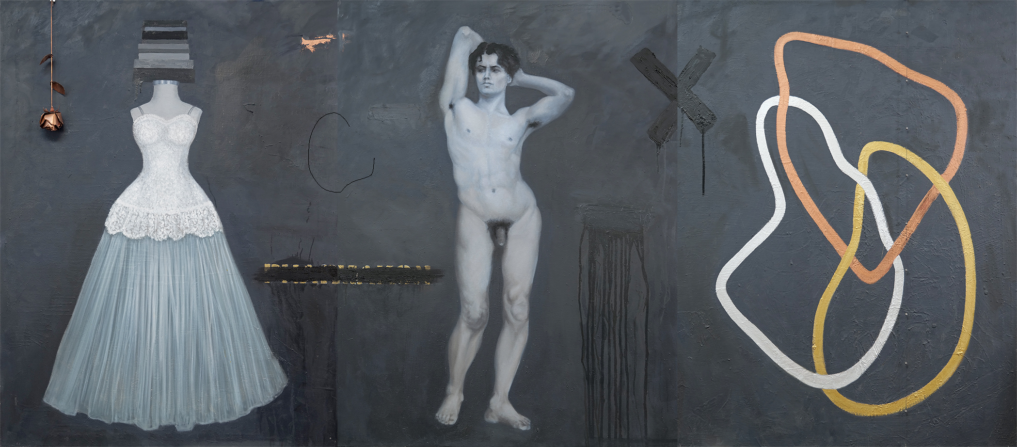 In Memory of Jack Whitney Sinclair: Terra Incognita  (triptych 2), 2015, oil and wax on canvas with objects, 48" X 108"