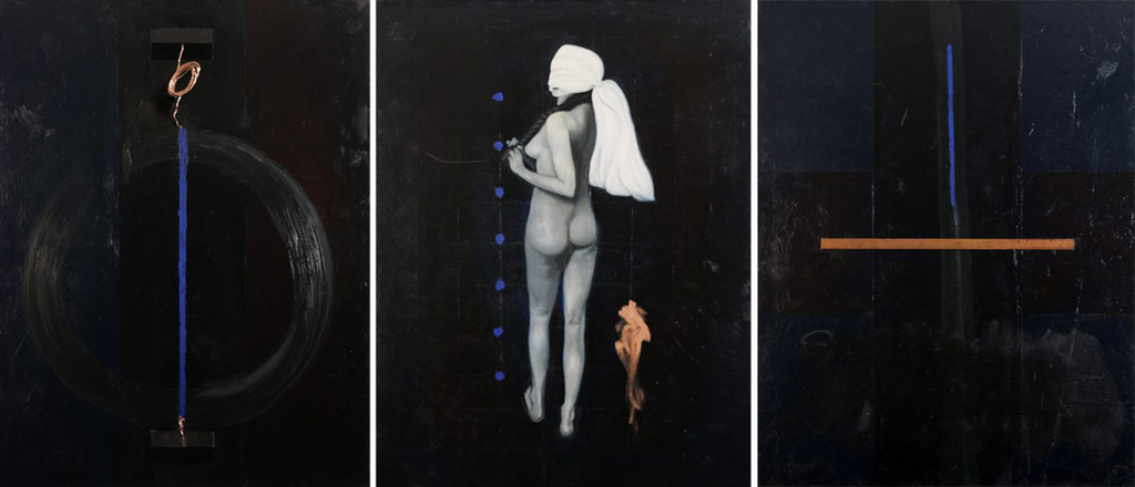 In Memory of Jack Whitney Sinclair:  Liturgy of Misunderstanding  (triptych 1), 2015, oil and wax on canvas with objects, 48" X 112"
