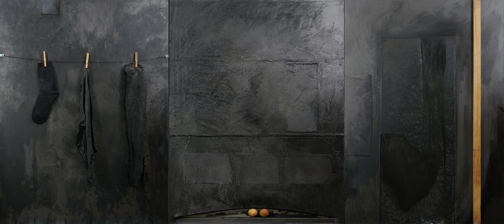 No Exit (Via Negativa, triptych 4), 2021, oil, acrylic, graphite, charcoal and objects on canvas, 48" x 108"