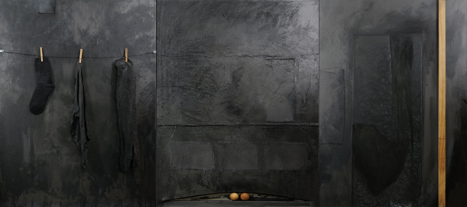 No Exit (Via Negativa, triptych 4), 2022, oil, acrylic, graphite, charcoal and objects on canvas, 48" x 108"