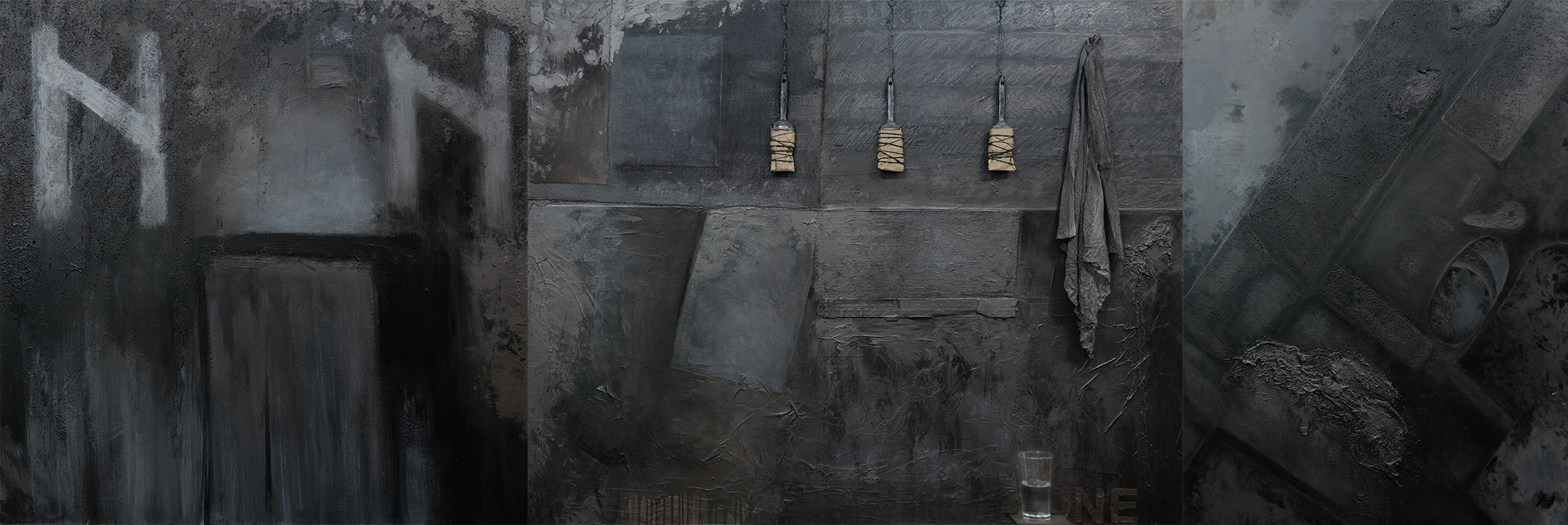 Zone (Via Negativa, triptych 5), 2022, oil, acrylic, graphite, charcoal and objects on canvas, 48" x 144"