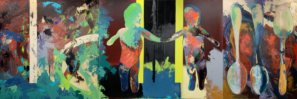 both and neither nor (Nonbinary, triptych 1), 2023, acrylic, charcoal and graphite on canvas, 48" x 144"