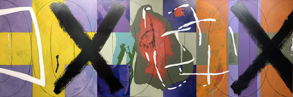 Ezz-thetic (Excription, triptych 4), 2024, acrylic, charcoal, graphite on canvas, 48" x 144"
