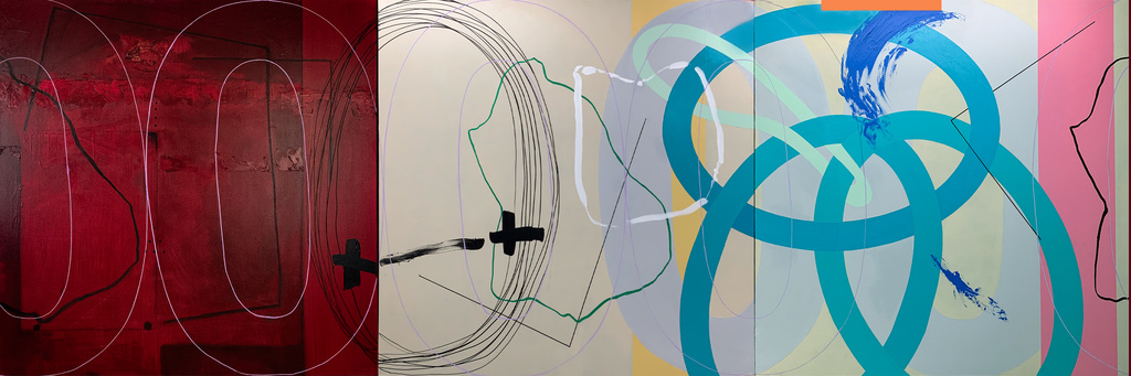 Hard Bop (Excription, triptych 3), 2024, acrylic, charcoal, graphite on canvas, 48" x 144"