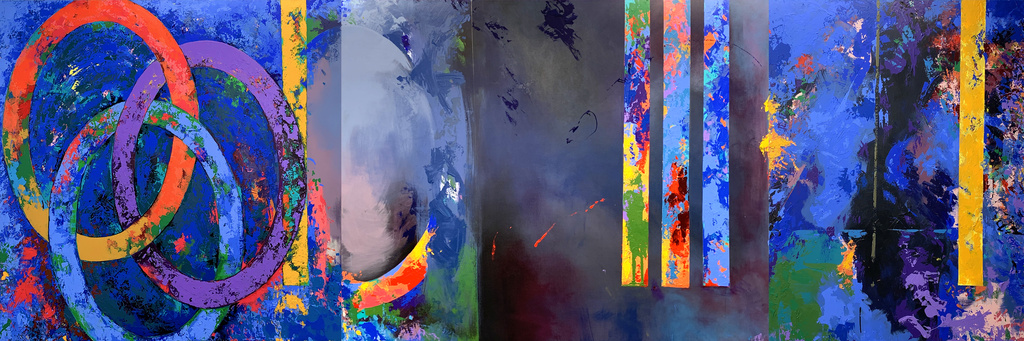 Sinthome (How It Is, triptych 2), 2023, acrylic, charcoal and graphite on canvas, 48" x 144"