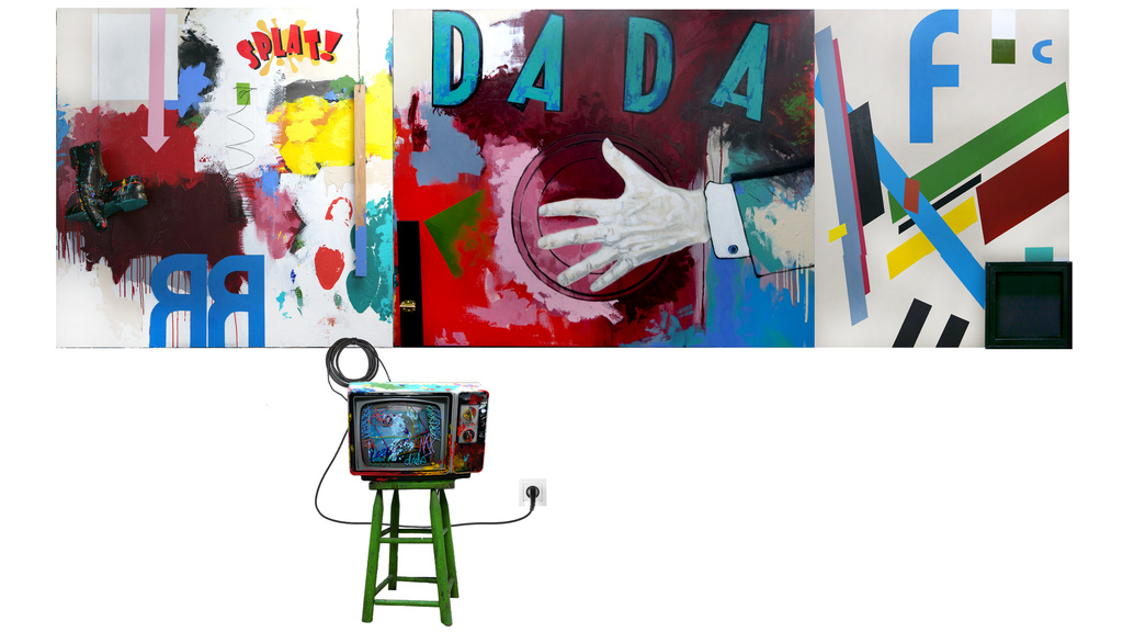 Slapstick 2 (Tinnitus, triptych 3), 2022, acrylic, graphite and charcoal on canvas with objects and tv, 48" x 144" (excluding stool and tv)